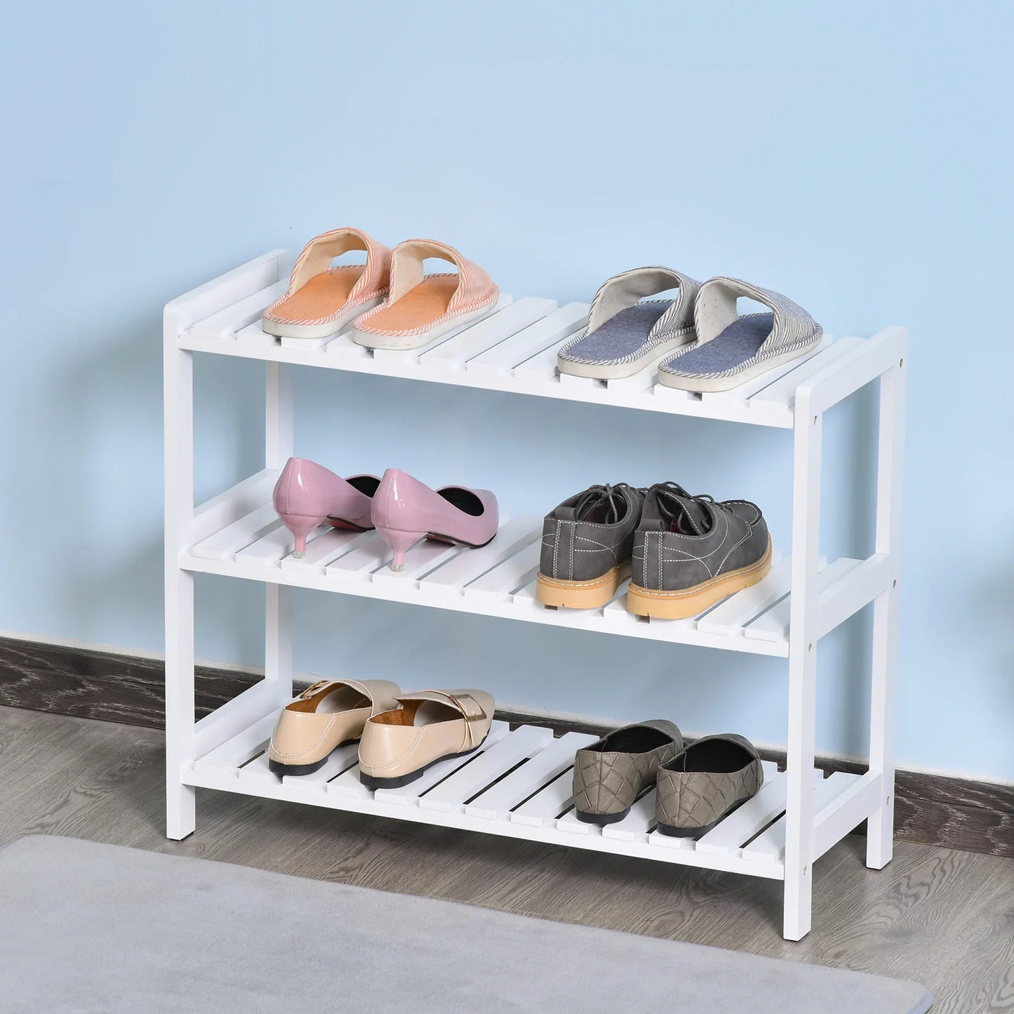 HOMCOM Wooden Shoe Rack 3-tier for up to 9 pairs of shoes in the entrance area 70x26x57.5 cm White