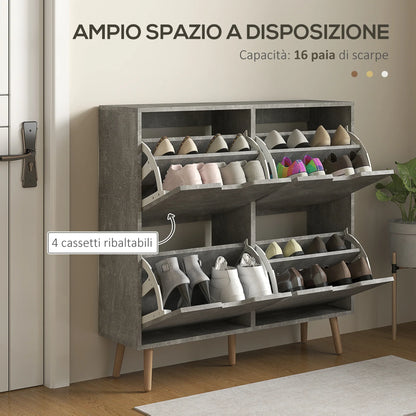 HOMCOM Shoe Cabinet for Entrance with 4 Flip-Down Doors on 2 Tiers for 16 Pairs of Shoes, Space-Saving Shoe Organizer with Adjustable Shelves Made of Particleboard and Pine Wood, 95x26x95 cm, Grey