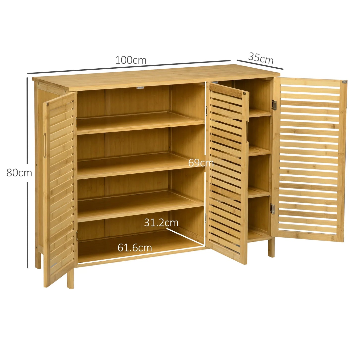 HOMCOM Schuhschrank aus Bambus für den Eingangsbereich mit 3 Lamellentüren und verstellbaren Regalen für 16 Paare von Schuhen, 100x35x80 cm Natur