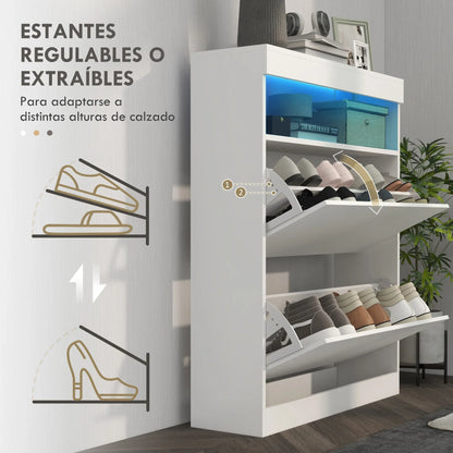 HOMCOM Shoe Cabinet for Entrance Area, Wall-Mounted or Free-Standing with LED Lights, Open Shelf and 2 Tilt-Out Drawers for 12-16 Pairs of Shoes, 80x24x99.5 cm, Light White