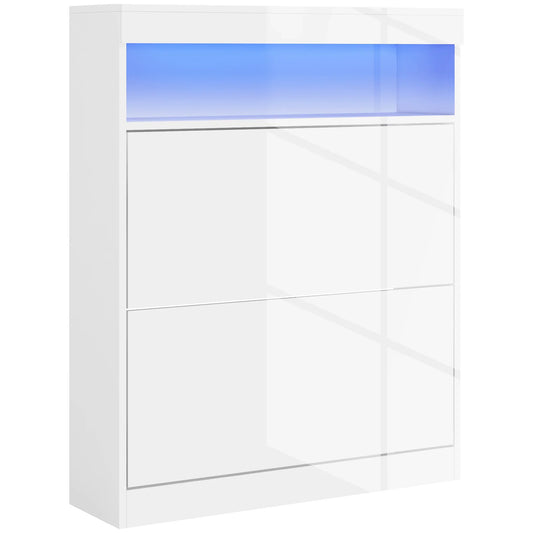 HOMCOM Shoe Cabinet for Entrance Area, Wall-Mounted or Free-Standing with LED Lights, Open Shelf and 2 Tilt-Out Drawers for 12-16 Pairs of Shoes, 80x24x99.5 cm, Light White