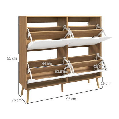 HOMCOM Schuhschrank mit 4 Klappen und verstellbaren Einlegeböden, Schuhaufbewahrungsschrank für 16 Paar Schuhe, schmales Schuhregal für den Eingangsbereich 95x26x95 cm Naturholz