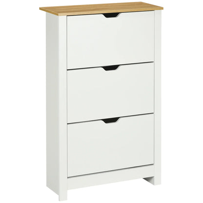 HOMCOM Schuhschrank mit 3 Klappen, Schuhregal, schmaler Schuhschrank mit verstellbarem Fach, Schuhschrank für 18 Paar Schuhe 72 x 26 x 112 cm, Weiß+Natur