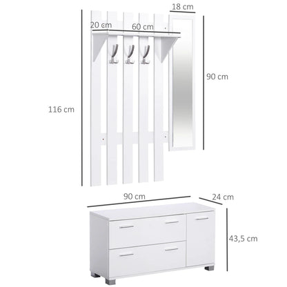 HOMCOM Eingangsset mit Spiegel, Garderobe und Schuhschrank – Eingangsbereich Möbel mit 3 Haken, Regal und 2 Schubladen für Diele in Weiß