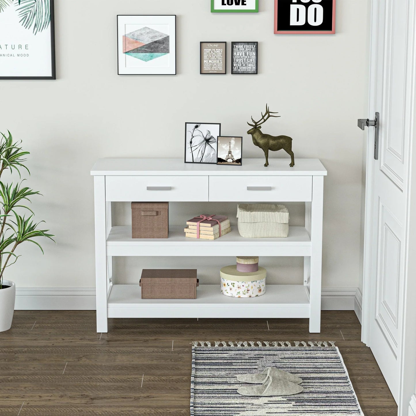 HOMCOM Konsolentisch Flurtisch mit 2 Schubladen und unteren Ablagen Moderner Stil Metallrahmen 105x40x76 cm Weiß