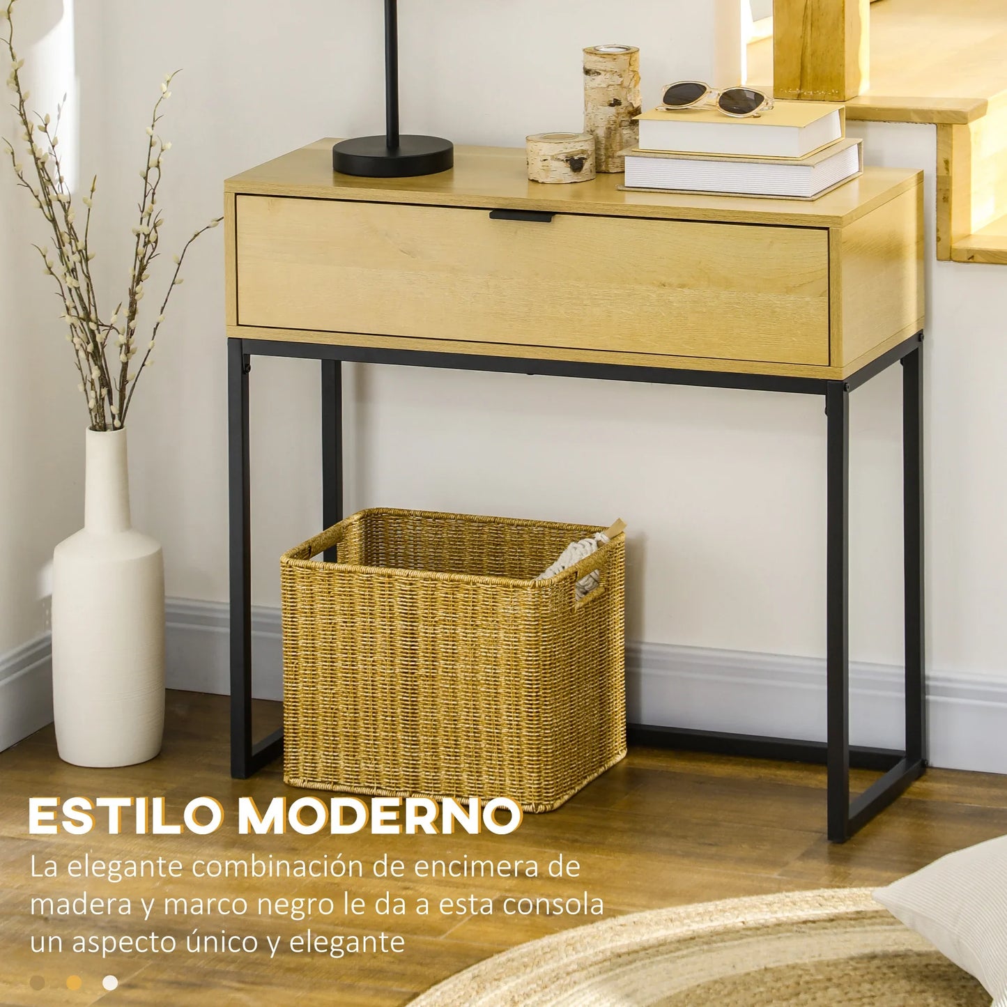 HOMCOM Console Table with Drawer Modern Side Table with Steel Legs for Hallway, Living Room, Bedroom 80x30x76 cm Natural
