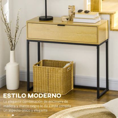 HOMCOM Console Table with Drawer Modern Side Table with Steel Legs for Hallway, Living Room, Bedroom 80x30x76 cm Natural