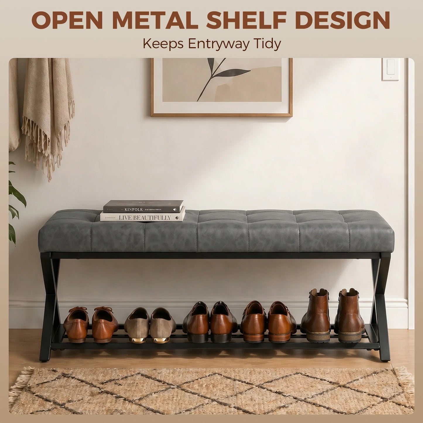 HOMCOM Gepolsterte Schuhbank mit Stauraum — Industrial X‑Frame Stahl, PU‑Kunstleder, 220 kg Tragfähigkeit, 112×37×47 cm, Dunkelgrau