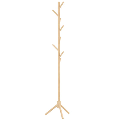 HOMCOM Freestanding Coat Rack with 8 Hooks - Wooden Clothes Tree for Hallway, Entrance Area, Bedroom 40x40x165 cm Natural