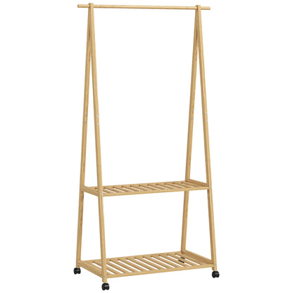 HOMCOM Bambus Kleiderständer mit Rollen, 2 offenen Regalen und 2 Haken, Garderobenständer für Eingangsbereich, Flur, Schlafzimmer 84,5x43,5x158 cm Natur