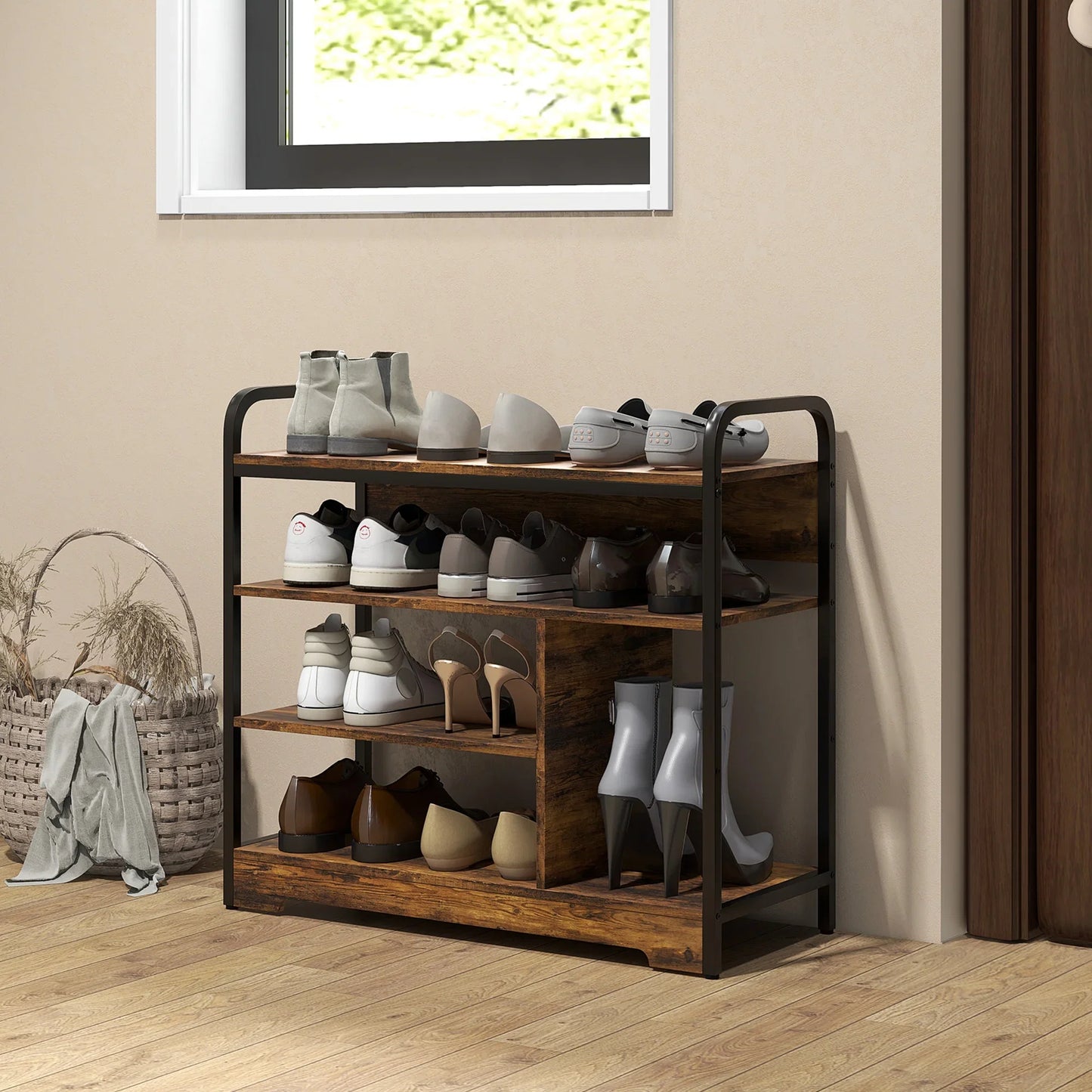 HOMCOM Schuhregal mit 4 Ebenen, Schuhregal mit Griff, Schuhständer für 11 Paar Schuhe, Platzsparende Schuhaufbewahrung, Schuhorganizer für Eingangsbereich, Flur, Rustikal Braun