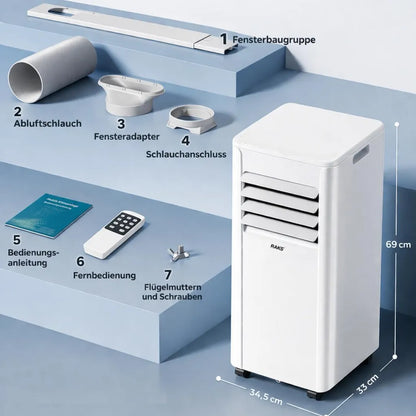 JUNG 3-in-1-Klimagerät RAKS PRO AIR 9 mobile Klimaanlage mit Fernbedienung 2.5 KW, mobiles Klimagerät, mit Heizung, mit Abluftschlauch, Airconditioner
