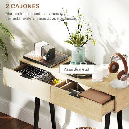 HOMCOM Console Table for Hallway with 2 Drawers and Steel Legs, 100x30x80.5 cm, Oak