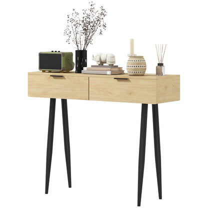 HOMCOM Console Table for Hallway with 2 Drawers and Steel Legs, 100x30x80.5 cm, Oak