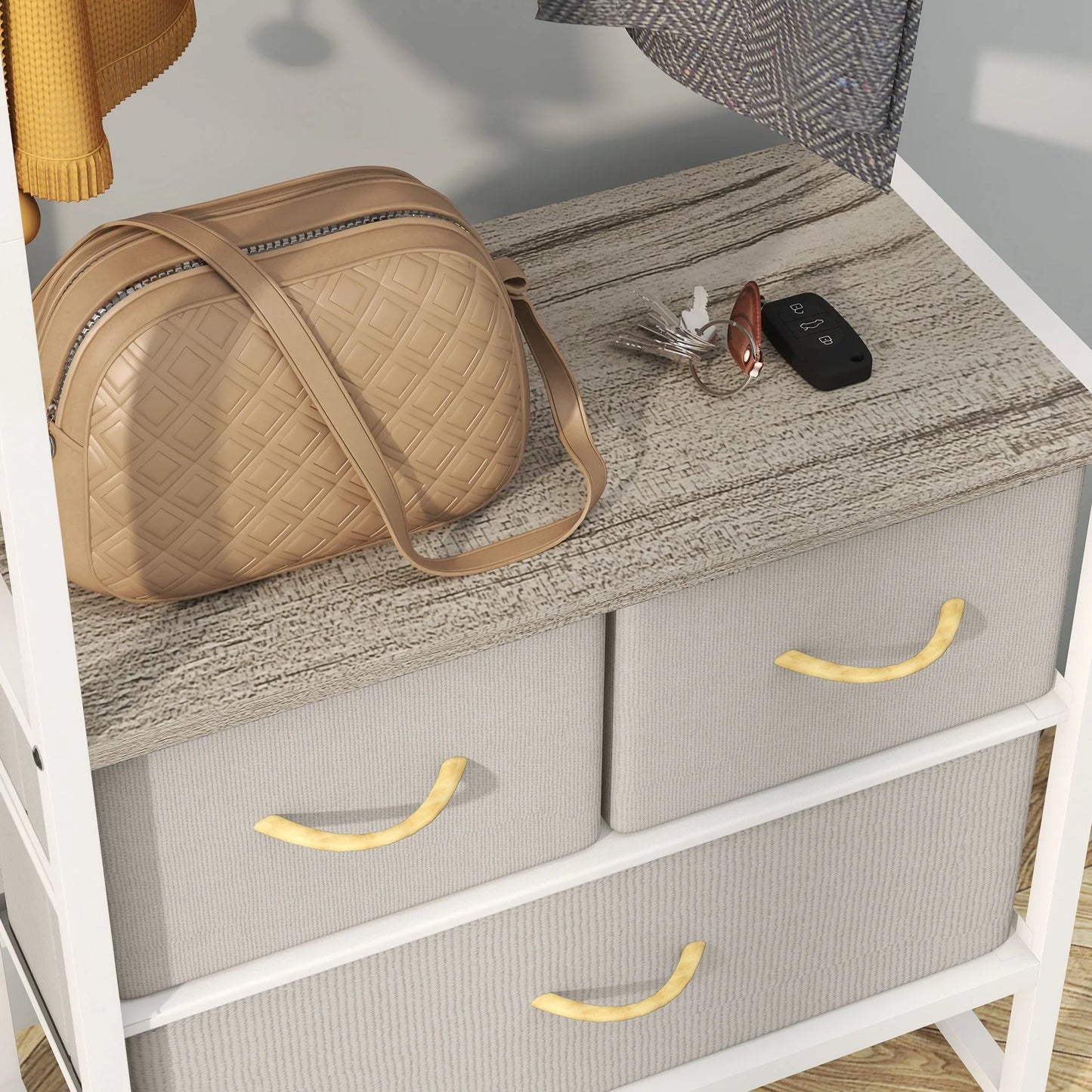 HOMCOM Garderobenständer für Flur mit 3 Stoffschubladen, Kleiderstange und Ablage für Flur, Schlafzimmer, Wohnzimmer 58,5x30x178 cm Natur