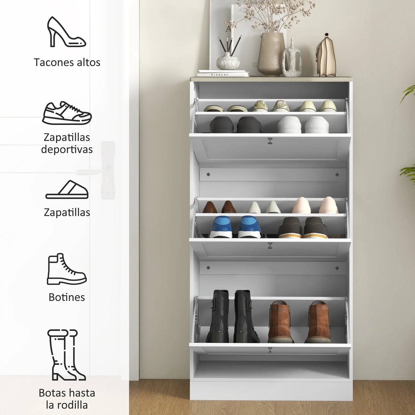 HOMCOM Schlanker Schuhschrank mit 3 Kipptüren – Schuhaufbewahrung für den Eingangsbereich mit verstellbaren Einlegeböden für 18 Paar Schuhe für schmale Flure 60x23,5x115 cm Weiß