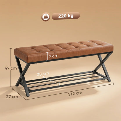 HOMCOM Schuhbank mit gepolstertem Sitz, Schuhregal, Industrial X-Rahmen aus Stahl, PU-Leder, belastbar bis 220 kg, 112 x 37 x 47 cm, Braun