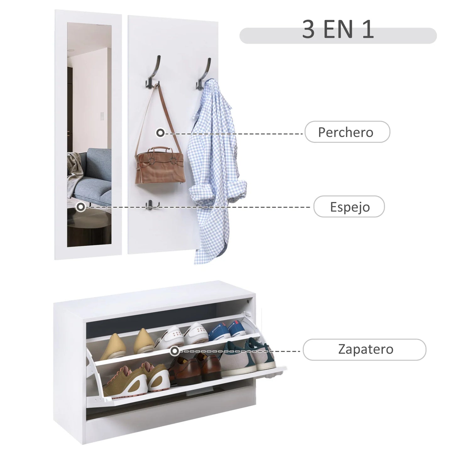 HOMCOM 3-teiliges Dielenmöbel-Set, Schuhschrank, Spiegel, Garderobe mit 4 Kleiderhaken, 80x27x46,5 cm, Weiß