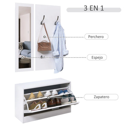HOMCOM 3-teiliges Dielenmöbel-Set, Schuhschrank, Spiegel, Garderobe mit 4 Kleiderhaken, 80x27x46,5 cm, Weiß