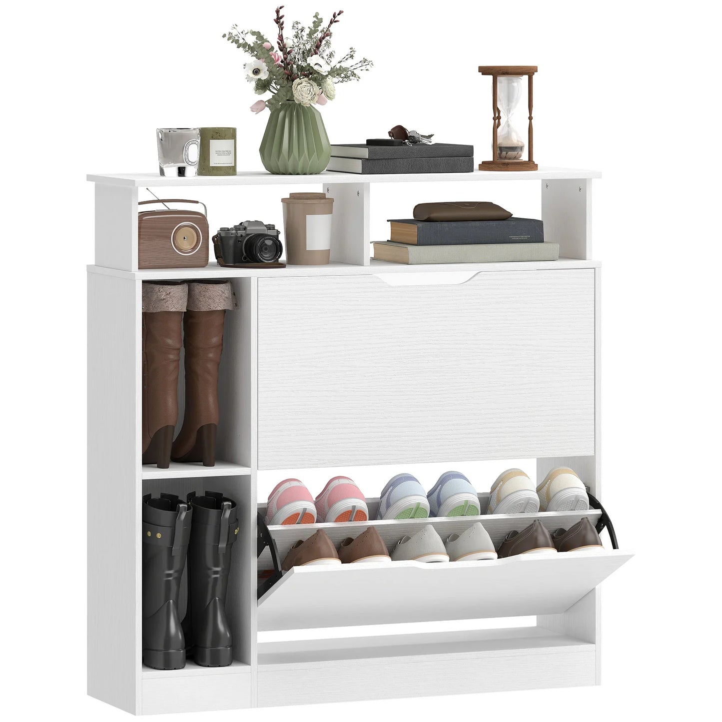 HOMCOM Narrow Shoe Cabinet with 2 Flaps, Open Compartments & Adjustable Shelf, 89 x 25 x 92 cm, White