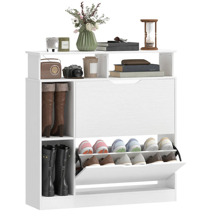 HOMCOM Narrow Shoe Cabinet with 2 Flaps, Open Compartments & Adjustable Shelf, 89 x 25 x 92 cm, White