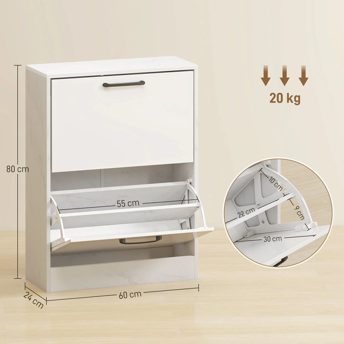 HOMCOM Schmaler Schuhschrank mit 2 Hochglanz-Klapptüren, verstellbaren Einlegeböden, Marmor-Design, für bis zu 8 Paar – Weiß (60 x 24 x 80 cm)