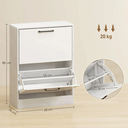 HOMCOM Schmaler Schuhschrank mit 2 Hochglanz-Klapptüren, verstellbaren Einlegeböden, Marmor-Design, für bis zu 8 Paar – Weiß (60 x 24 x 80 cm)