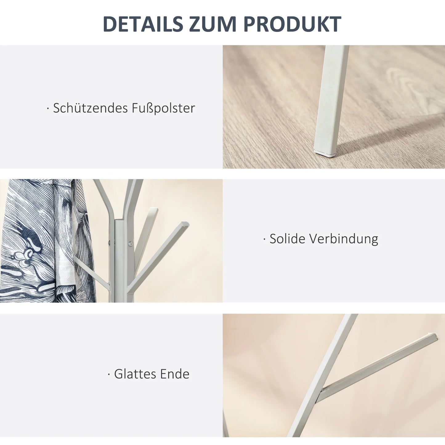 HOMCOM Garderobenständer, Hutständer mit 8 Haken, Kleiderständer mit Ablage, Standgarderobe für Kleidung, Hüte, Taschen, Metall, Weiß, 45 x 45 x 180 cm