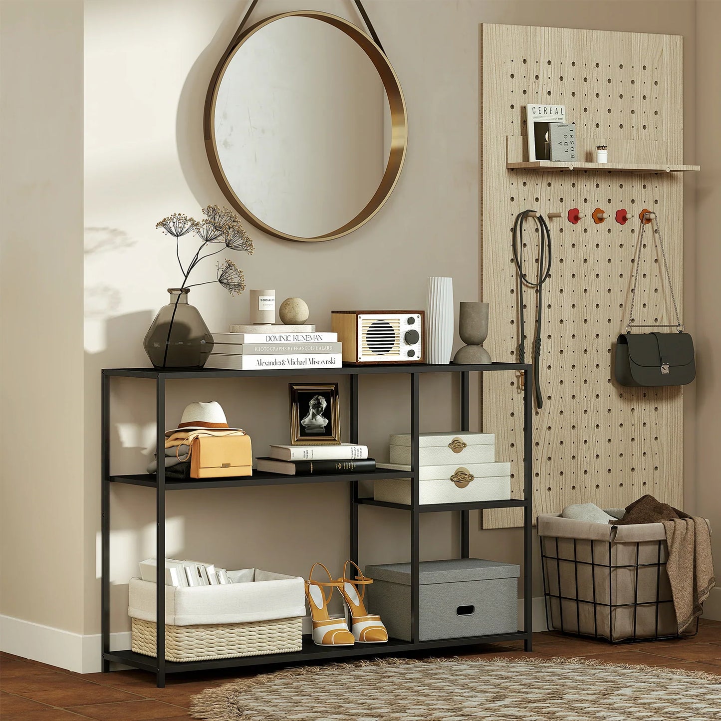 HOMCOM Konsolentisch Flurtisch mit 4 Regalen, Beistelltisch mit Stahlrahmen, Metallregal für kleine Räume, Eingangsbereich, Flur, Wohnzimmer, 110 x 30 x 75 cm Schwarz