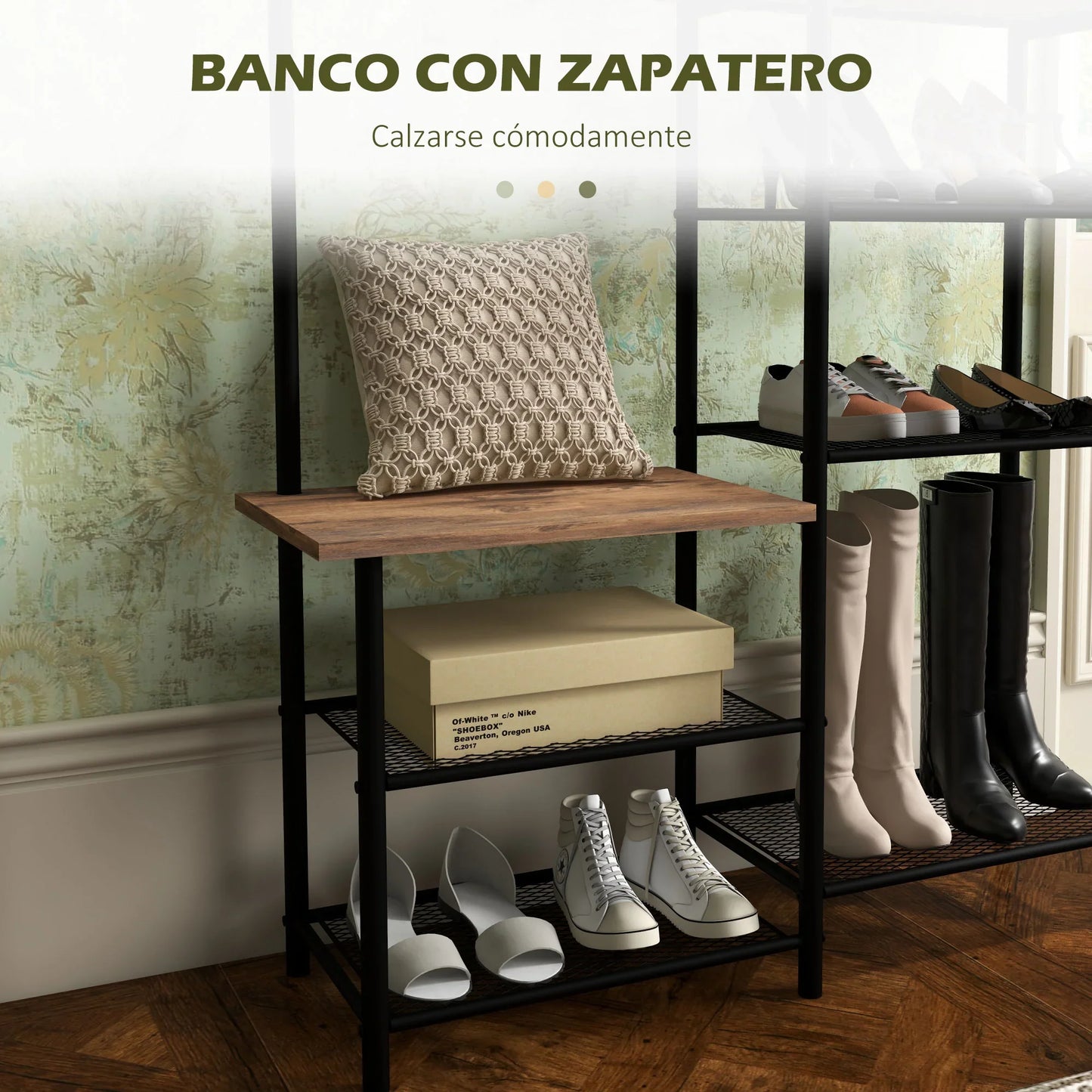HOMCOM Garderobenständer mit Schuhregal und 5 Ablagen – Garderobenständer mit 6 Haken zum Aufhängen von Taschen und Kleidung im Industrie-Design 92,5x28,2x182 cm Rustikal Braun