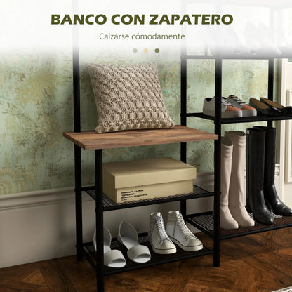 HOMCOM Garderobenständer mit Schuhregal und 5 Ablagen – Garderobenständer mit 6 Haken zum Aufhängen von Taschen und Kleidung im Industrie-Design 92,5x28,2x182 cm Rustikal Braun