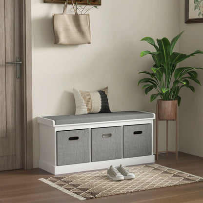 HOMCOM Entrance Shoe Bench with 3 Drawers, Shoe Storage Bench with Wood and Fabric Upholstery, Shoe Rack for 3 Pairs of Shoes, Living Room and Hallway, 105x35x47 cm, White