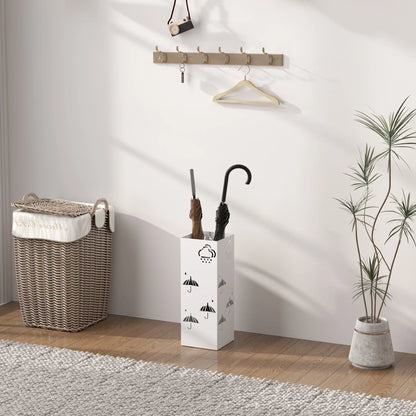 HOMCOM Regenschirmständer aus Stahl mit 4 Haken und abnehmbarem Tropfbehälter – Weißer Regenschirmhalter für Flur und Büro 15,5x15,5x41 cm