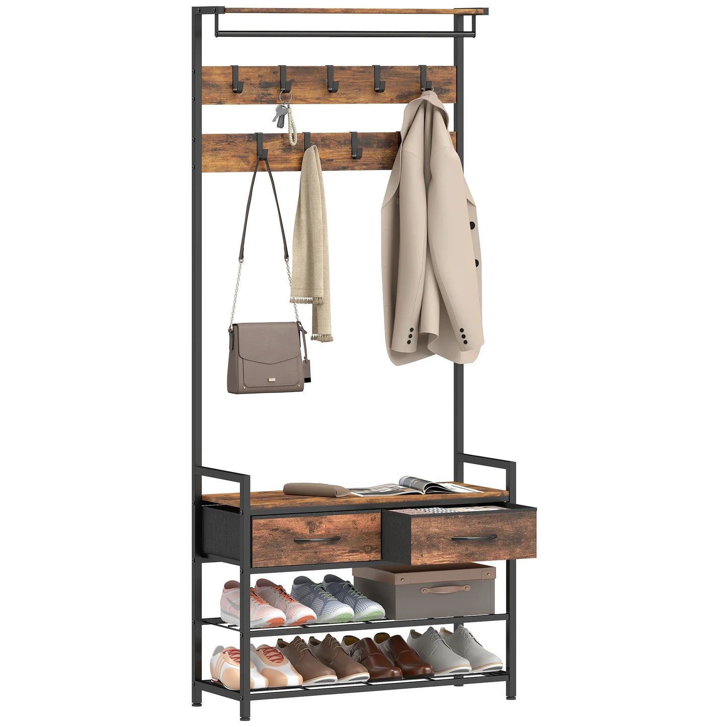 HOMCOM 5-in-1 Garderobenbaum mit Sitzbank & Organizer, Industrielles Stahlgestell, Rustikalbraun