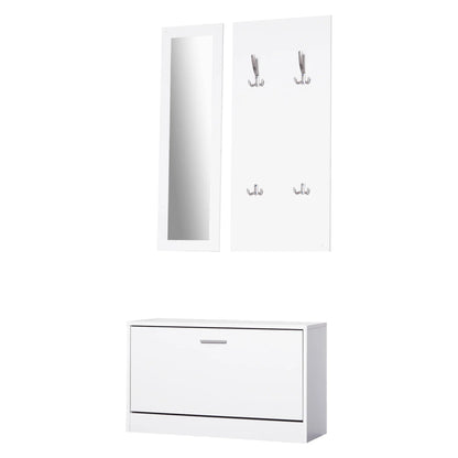 HOMCOM 3-teiliges Dielenmöbel-Set, Schuhschrank, Spiegel, Garderobe mit 4 Kleiderhaken, 80x27x46,5 cm, Weiß