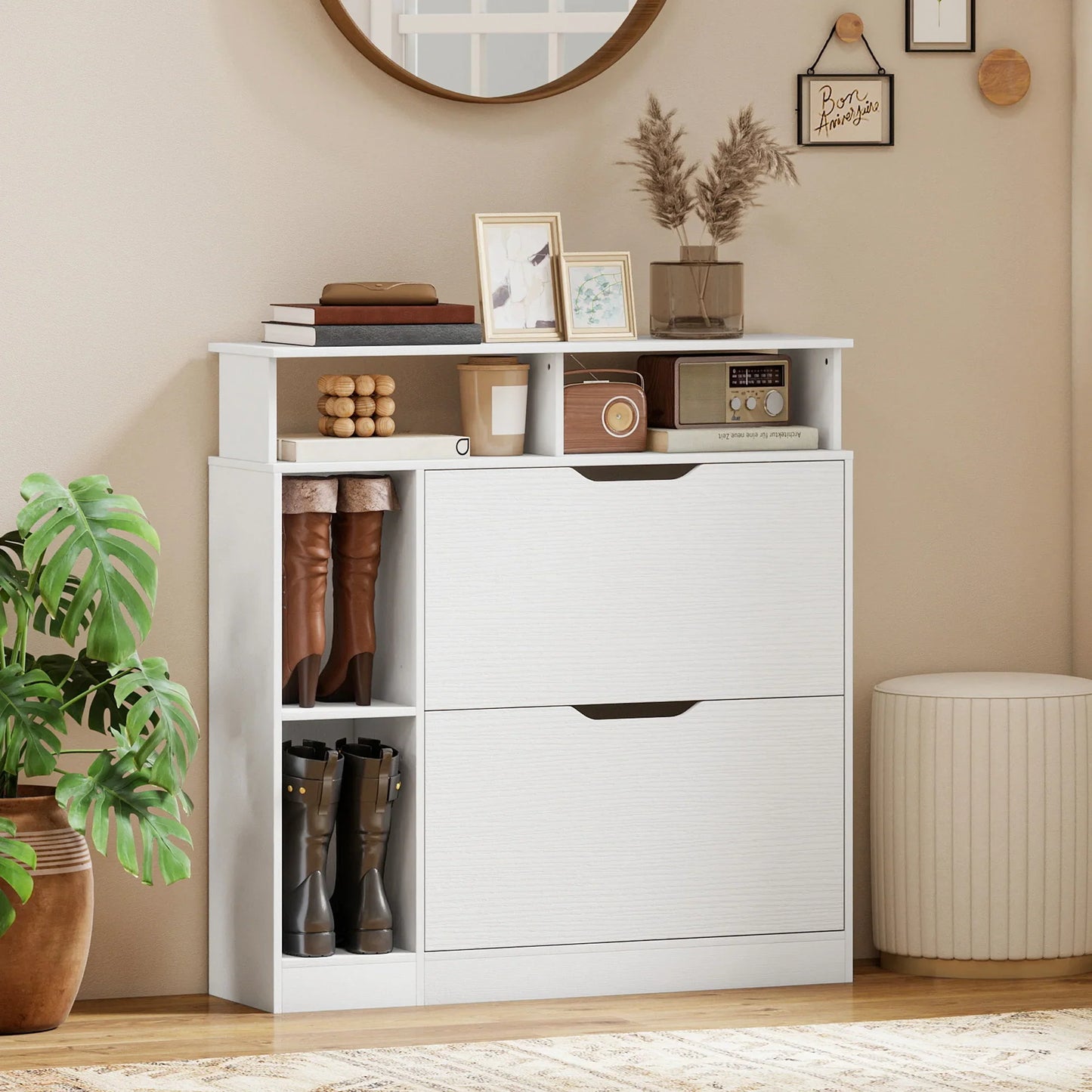 HOMCOM Narrow Shoe Cabinet with 2 Flaps, Open Compartments & Adjustable Shelf, 89 x 25 x 92 cm, White