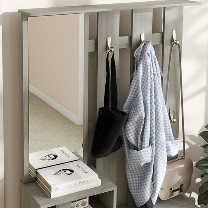 HOMCOM 4-in-1 Flurmöbel Set mit Garderobe, Spiegel, Sitzbank mit Regal und Schuhregal für 8 Paar Schuhe, Grau