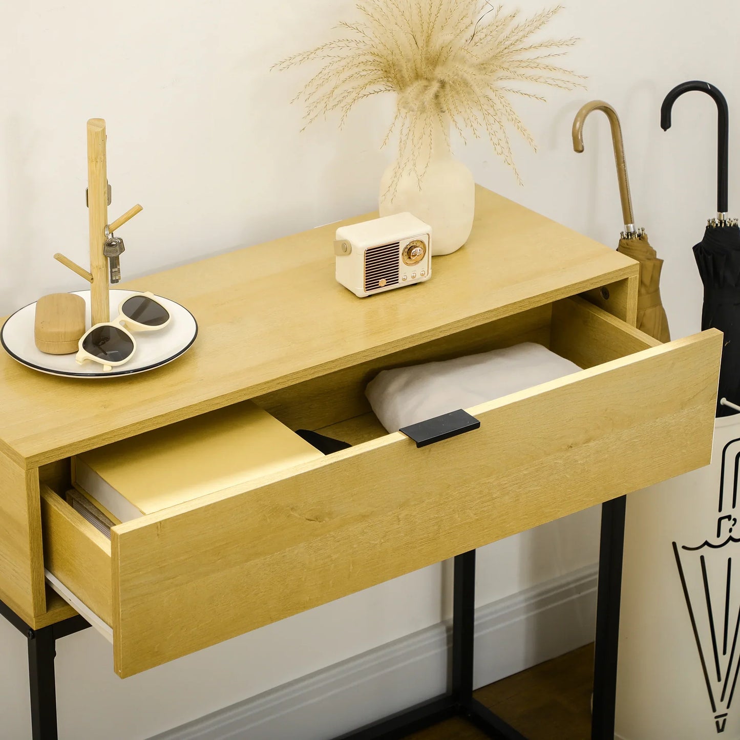 HOMCOM Console Table with Drawer Modern Side Table with Steel Legs for Hallway, Living Room, Bedroom 80x30x76 cm Natural