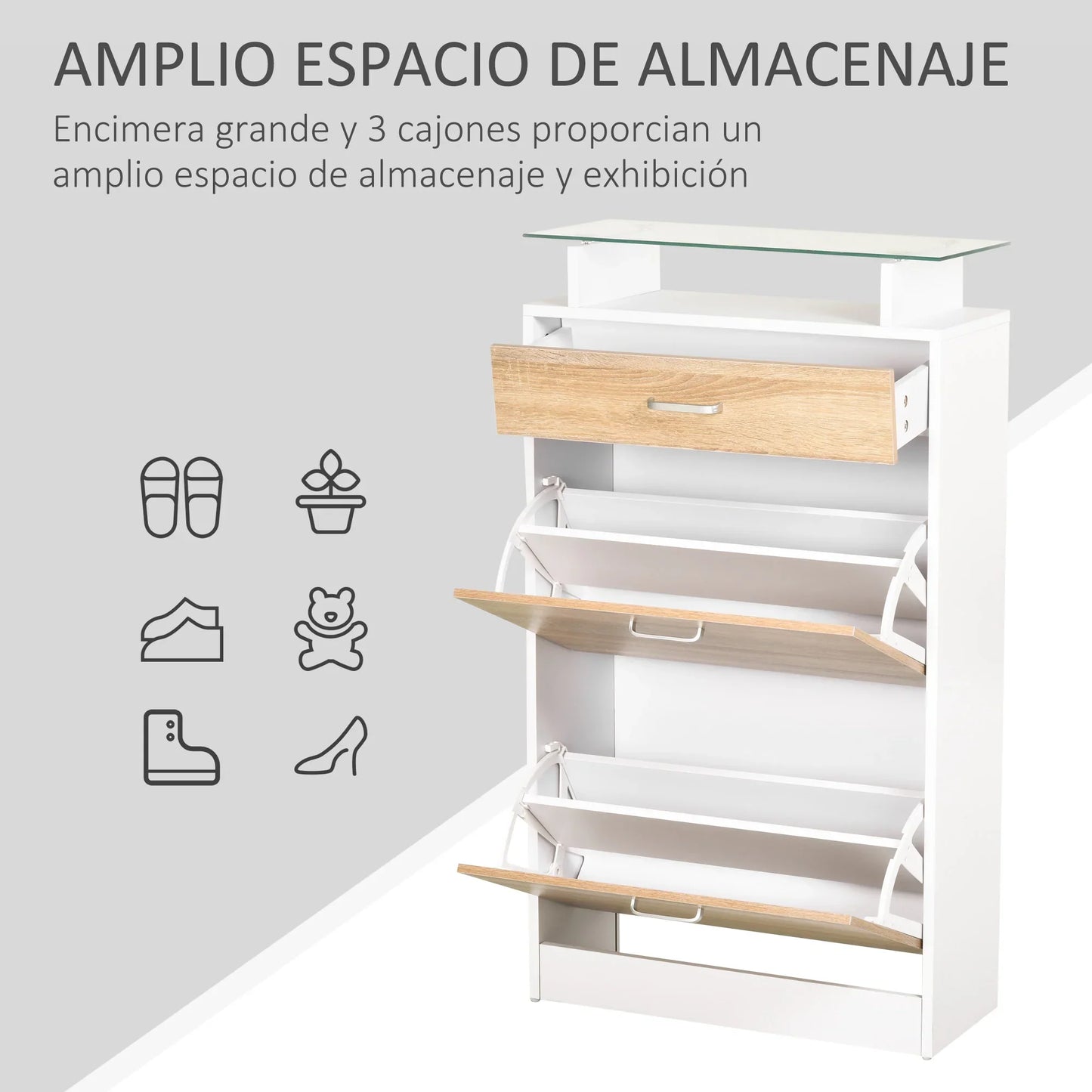 HOMCOM Schuhschrank mit 3 Schubladen, Glasablage und Aluminiumgriff für Flur, 50 kg Belastbarkeit, 60x24x105,5 cm - Natur