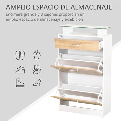 HOMCOM Schuhschrank mit 3 Schubladen, Glasablage und Aluminiumgriff für Flur, 50 kg Belastbarkeit, 60x24x105,5 cm - Natur