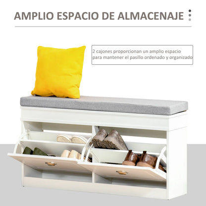 HOMCOM Schuhbank Schuhaufbewahrung für 8 Paare Schuhe mit 2 Schubladen, verstellbaren Regalen und gepolstertem Sitzkissen für Eingangsbereich Flur 104x24x55 cm Weiß
