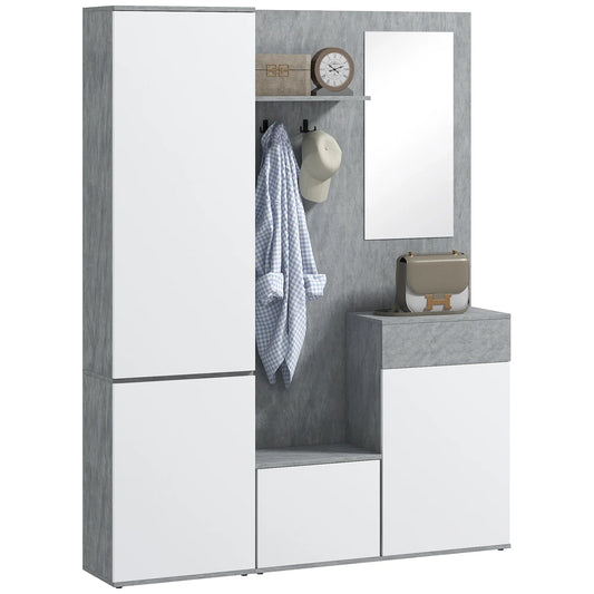 HOMCOM 4-in-1 Garderobenständer mit Spiegel, Haken und verstellbaren Innenregalen, multifunktionale Garderobenmöbel aus Holz mit Schublade, 145x29x184 cm, Grau und Weiß