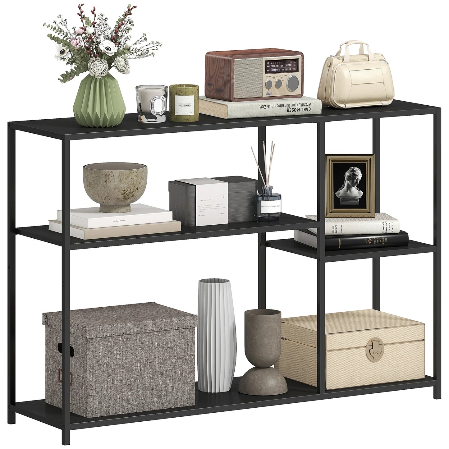 HOMCOM Konsolentisch Flurtisch mit 4 Regalen, Beistelltisch mit Stahlrahmen, Metallregal für kleine Räume, Eingangsbereich, Flur, Wohnzimmer, 110 x 30 x 75 cm Schwarz