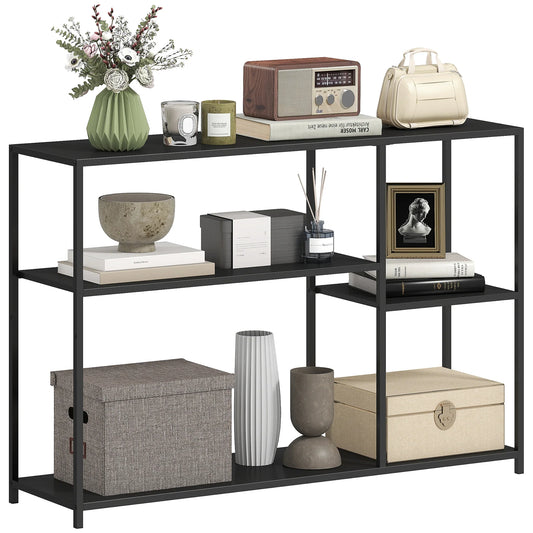 HOMCOM Konsolentisch Flurtisch mit 4 Regalen, Beistelltisch mit Stahlrahmen, Metallregal für kleine Räume, Eingangsbereich, Flur, Wohnzimmer, 110 x 30 x 75 cm Schwarz