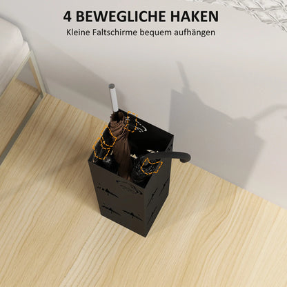 HOMCOM Regenschirmständer mit 4 Haken, abnehmbare Wasserauffangschale, dekorativer Regenschirmhalter für Sonnenschirme, Regentage & Gehstöcke, Stahl 15,5 x 15,5 x 49 cm Schwarz