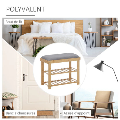 HOMCOM Schuhaufbewahrungsbank mit Schuhschrank, 2 Regalen und integriertem grauen Kissen aus Bambus