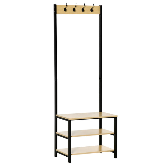 HOMCOM Coat Rack with Bench and Metal Shoe Rack with 3 Shelves and 4 Hooks for Hanging Clothes for Hallway/Entrance 60x40x175 cm Black and Natural