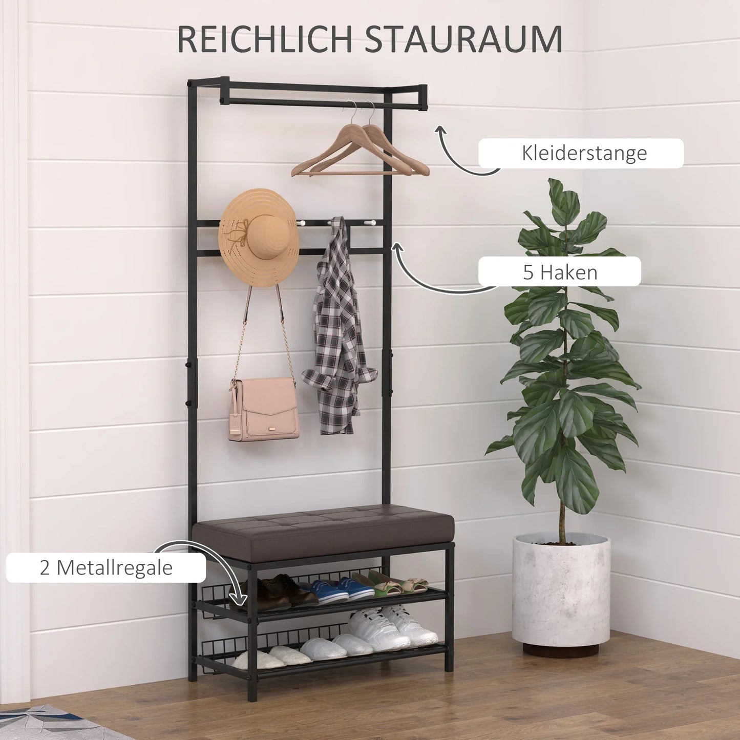 HOMCOM Garderobenständer mit 5 Haken und Schuhbank mit 2 Ebenen, Metallkleiderständer für Flur, Schlafzimmer, 72,5 x 35 x 180 cm