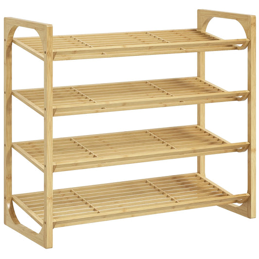 HOMCOM Schuhregal, Schuhständer mit 4 Ebenen aus Bambus, für max. 12 Paar Schuhe, Schuhregal mit Griff für Flur, Schlafzimmer, 76 x 33 x 67 cm, Natur