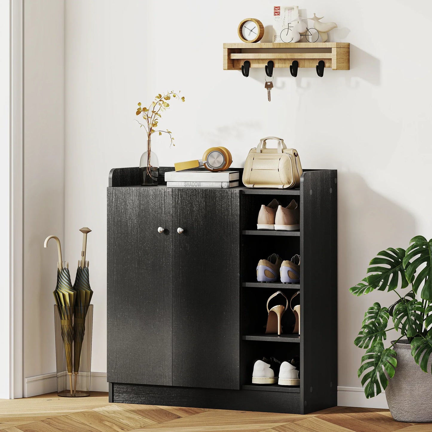 HOMCOM Shoe Cabinet with 2 Doors - Slim Shoe Rack with Adjustable Shelves for 12 Pairs of Shoes for Hallway and Entrance Area 83x30x90 cm Black